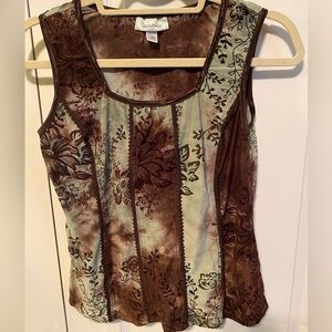 Dress Barn Brown Green Pull Over Top Sz Petite PM   Adorable Top!